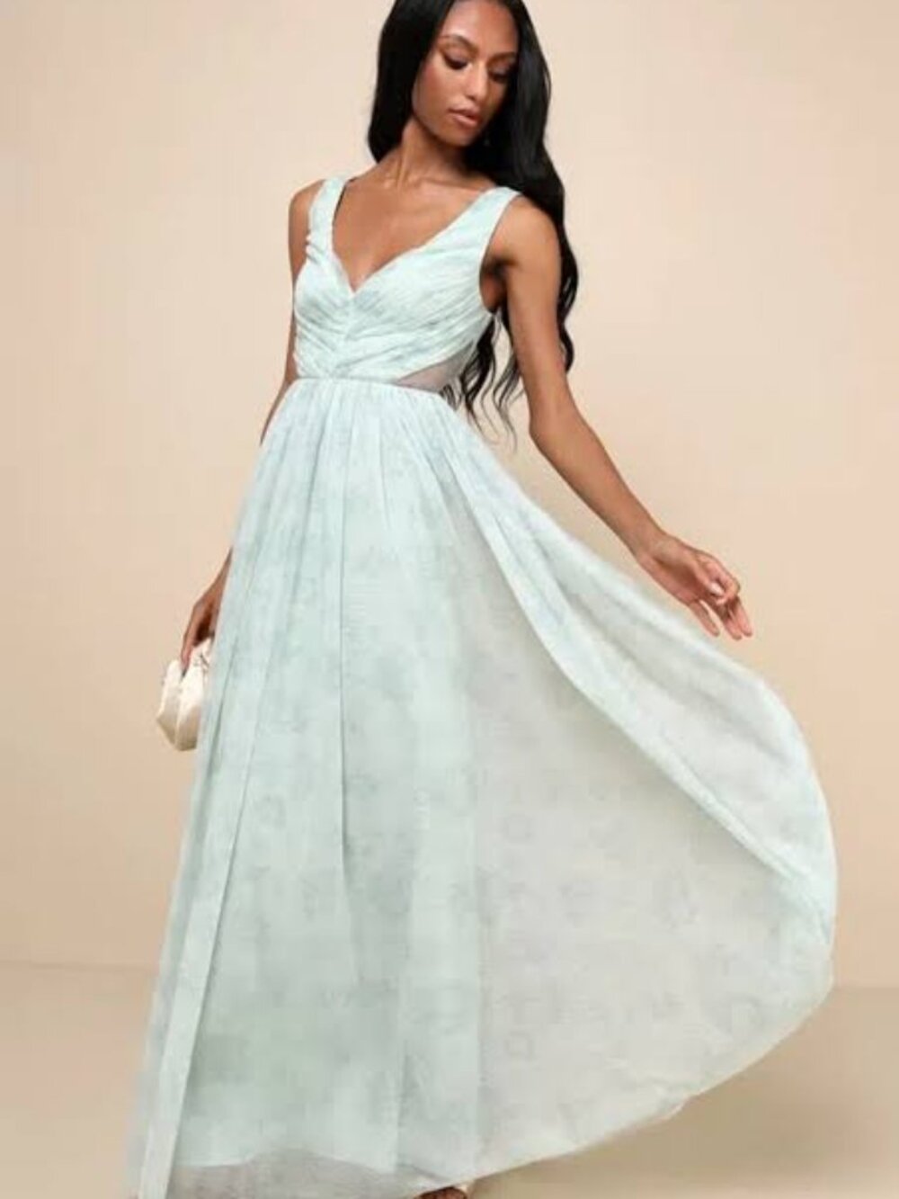 Blissful Poise Sage Green Floral Mesh Pleated Cutout Maxi Dress